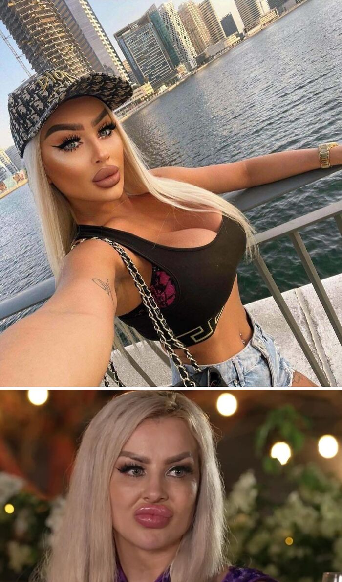 Side-by-side Instagram vs reality moments showing the truth behind glam makeup and filters outdoors and indoors.
