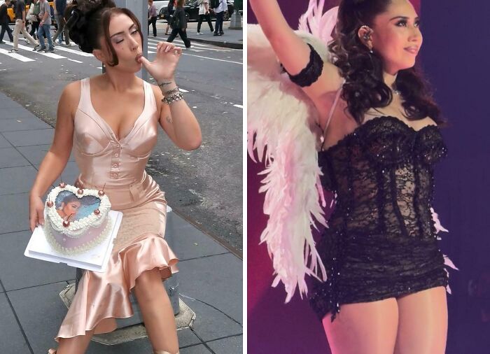 Young woman in a satin dress holding a cake outside contrasted with her glamorous stage outfit in black lace and feathers.