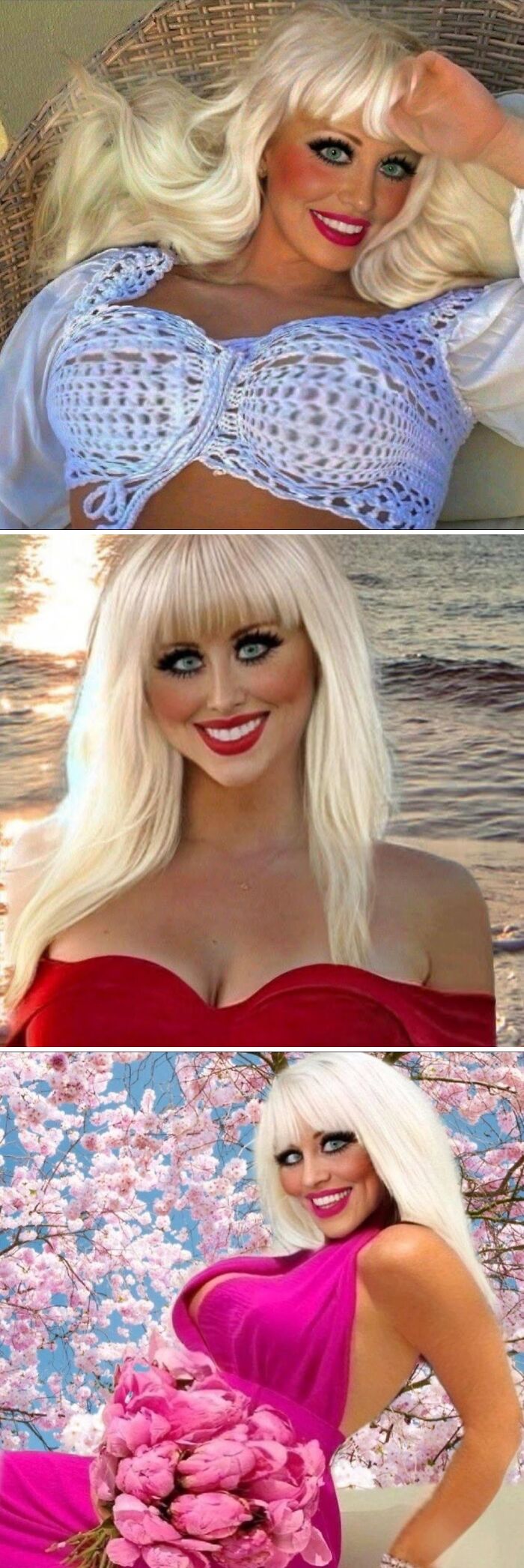 Woman in glamorous outfits and makeup posing in stylish settings, illustrating Instagram vs. reality moments exposing the truth.