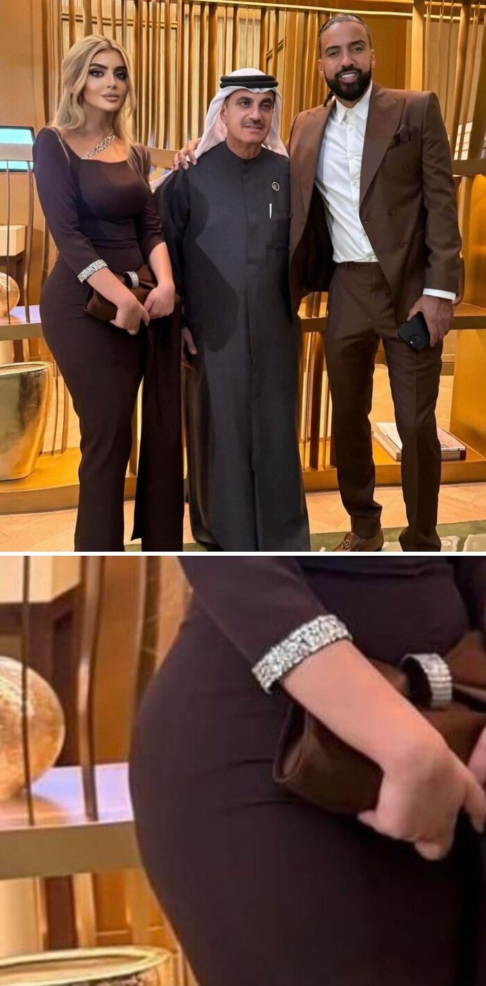 Three people posing formally indoors highlighting Instagram vs reality moments with an altered body shape illusion in the lower image.