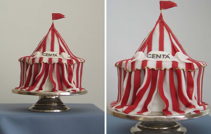 Circus tent cake with red and white stripes, masterfully crafted to showcase creativity in cake design.