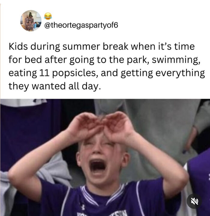 Child crying loudly while resisting bedtime during summer break in a relatable meme for parents about parenting challenges.