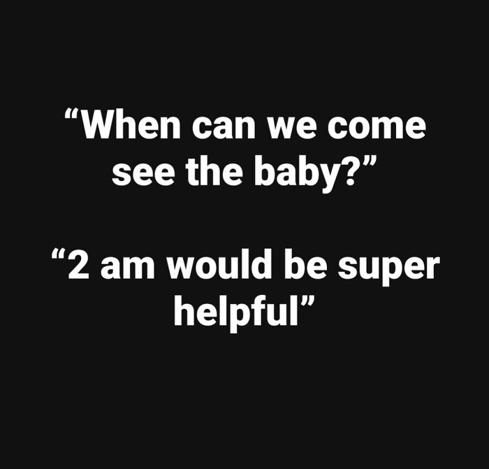Text meme for parents showing a humorous conversation about visiting the baby at 2 am, relatable memes for parents.
