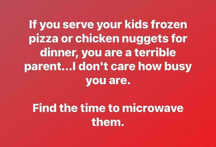 Humorous meme for parents about serving frozen pizza or chicken nuggets for dinner, relatable memes for parents.