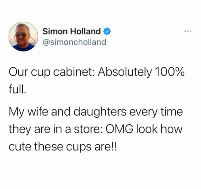 Tweet about relatable memes for parents, humorously describing a full cup cabinet and constant cup shopping.
