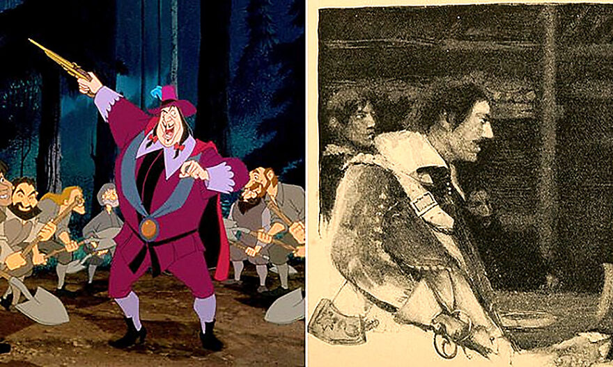 Split image showing an animated character with a pistol and an old sketch with a hidden double image effect for random pictures.