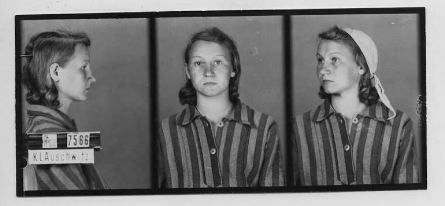 Black and white mugshot photographs of a woman wearing striped clothing, showing three different angles of her face.