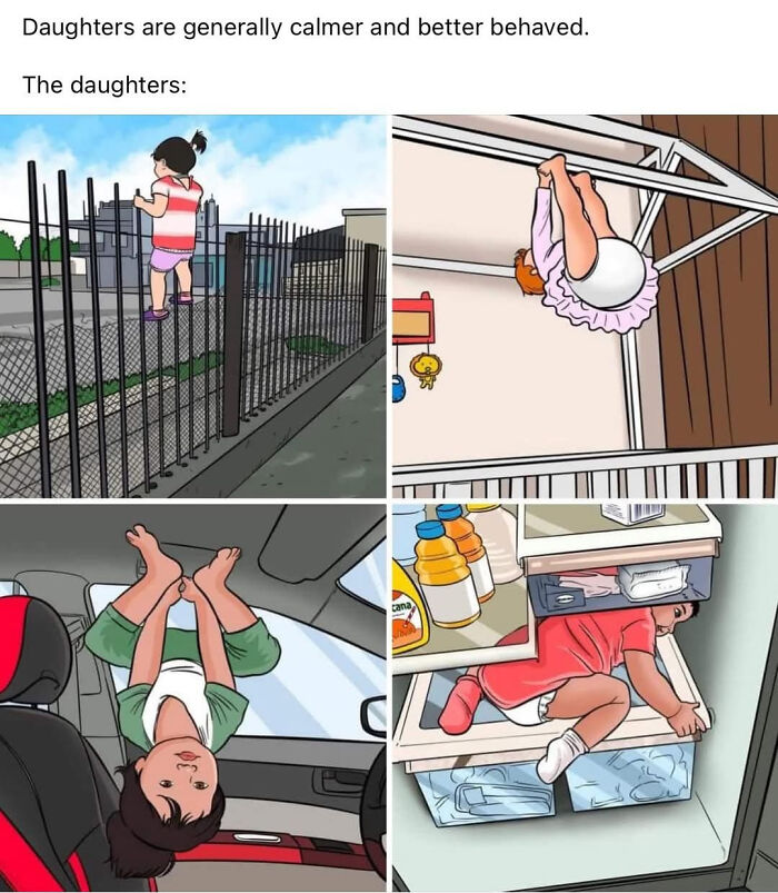 Cartoon showing hilarious and relatable memes for parents with kids climbing fences, hanging upside down, and exploring the fridge.