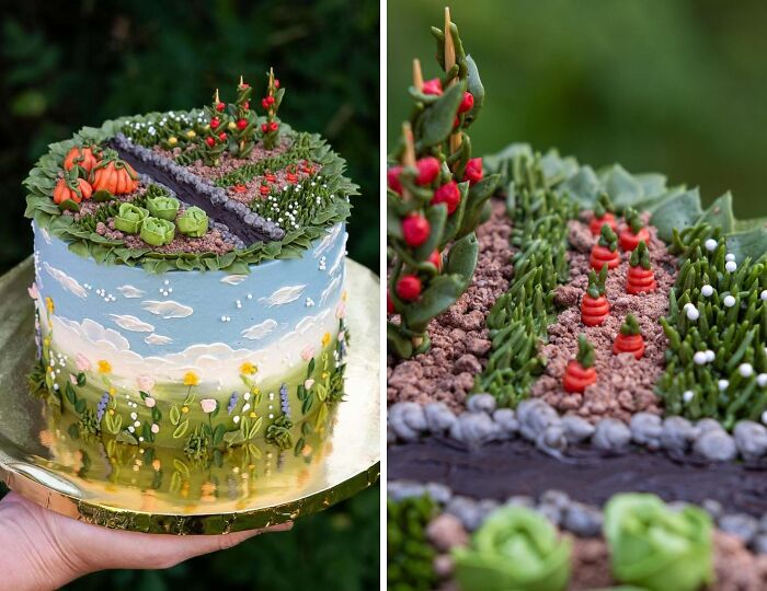 Intricately decorated cake with garden and vegetable designs showcasing masterfully crafted cake creativity and detail.