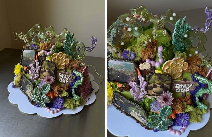 Masterfully crafted cake featuring intricate floral and nature-inspired designs showcasing creative cake artistry.
