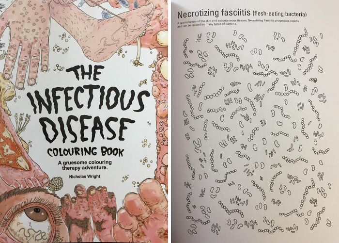 The Infectious Disease colouring book pages featuring necrotizing fasciitis bacteria illustration.