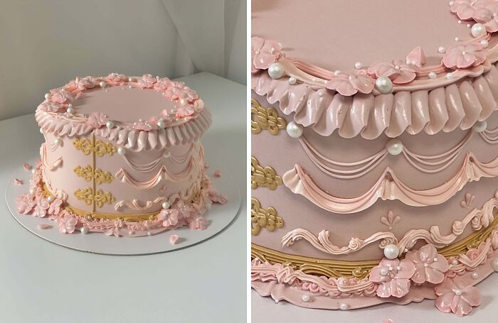 Elegant pink cake with intricate floral and pearl decorations showcasing masterfully crafted cake creativity and design.