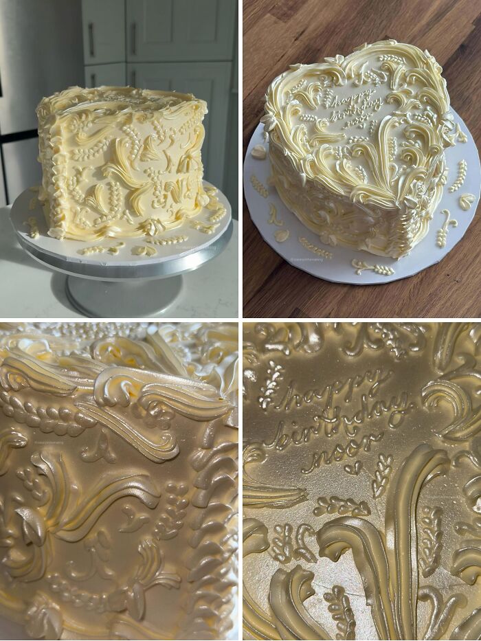 Masterfully crafted cakes with intricate swirls and floral designs showcasing exceptional human creativity in cake decoration.