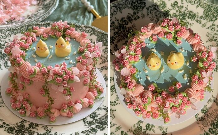 Decorative cake featuring pink and green floral designs with two yellow chick figures on top, showcasing creative cake art.