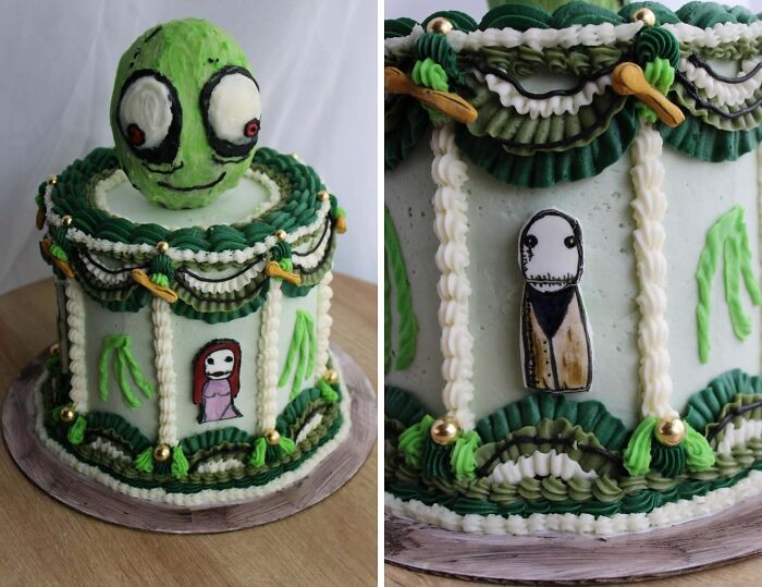 Masterfully crafted cake with detailed green and white frosting and unique hand-painted character designs.