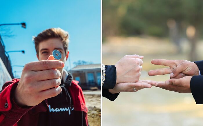 Person flipping a coin outdoors and two people playing rock paper scissors, illustrating public speaking and decision dilemmas.