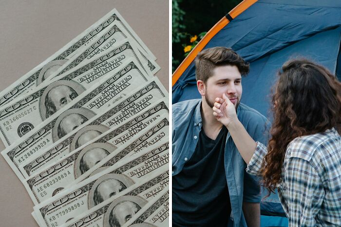 Stack of hundred-dollar bills on left, couple camping by tent on right, illustrating public speaking or deep water dilemma.