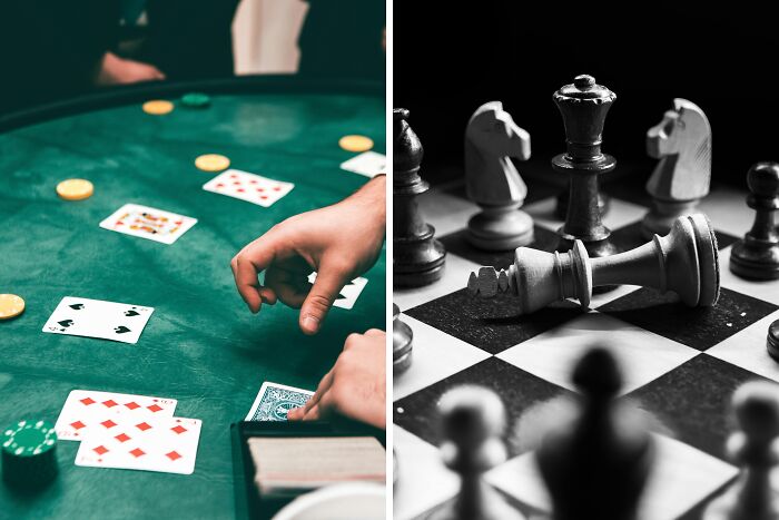 Hands dealing playing cards on a green table next to a black and white chessboard with chess pieces in play
