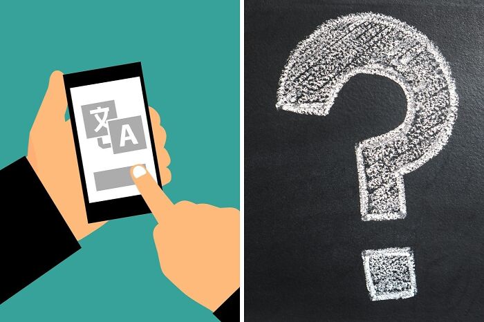 Hand holding smartphone with language app next to chalk-drawn question mark representing public speaking dilemmas