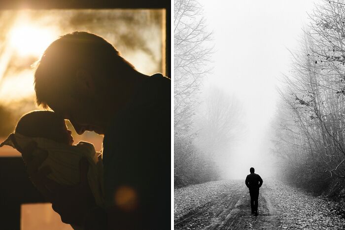 Silhouette of a man holding a baby with sunlight and a lone person walking on a foggy forest path.