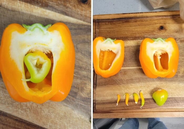 Orange bell pepper sliced open to reveal a smaller pepper inside, showcasing wild coincidence captured in a photo.