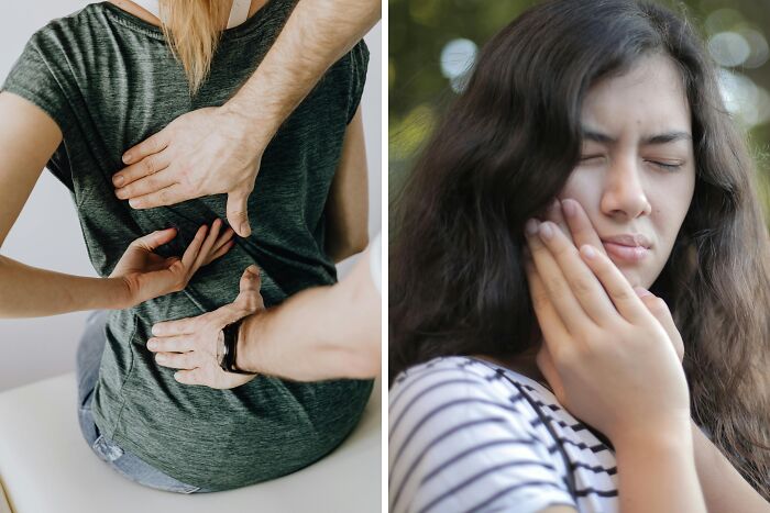 Person receiving back pain treatment on left, woman in pain holding face on right, illustrating public speaking dilemmas