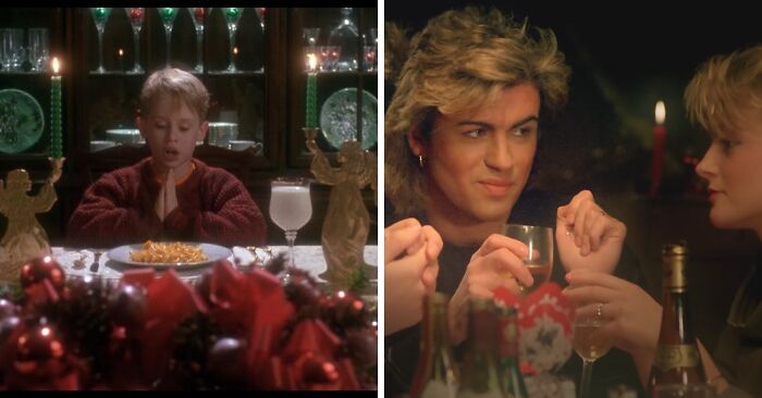 Child praying at dinner table on left, two people having a conversation and drinks on right, illustrating public speaking dilemmas.