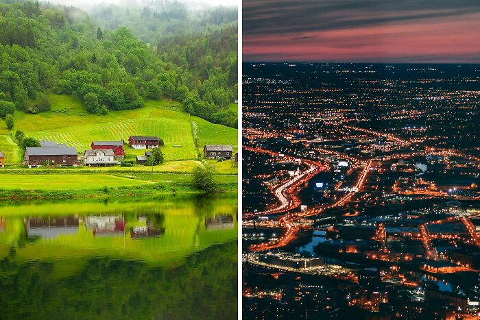 Split image showing a peaceful lakeside village with greenery and a vibrant cityscape at night, illustrating public speaking dilemmas.