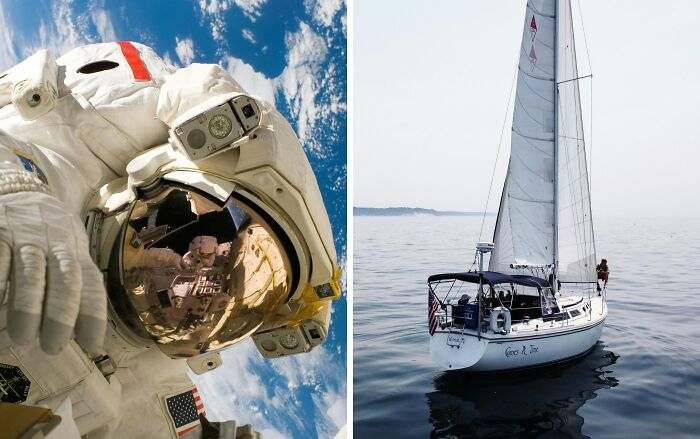 Astronaut floating in space beside a sailboat on calm water, illustrating public speaking or deep water dilemmas.