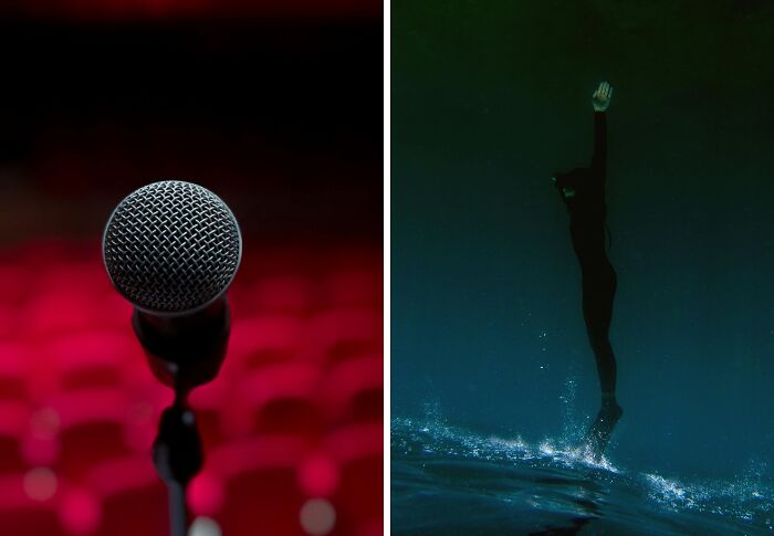 Microphone on stage with red seats contrasted with a diver underwater, illustrating would you rather public speaking dilemmas.