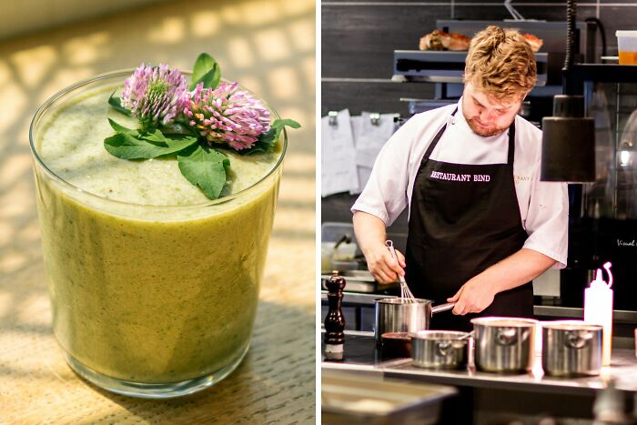 Green smoothie garnished with flowers beside a chef in a restaurant kitchen preparing food, illustrating choice dilemmas.