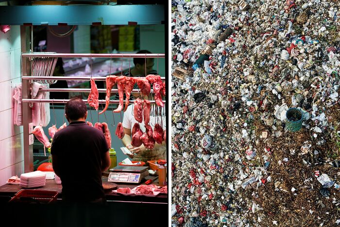Man buying meat at a market contrasted with a landfill filled with plastic waste, highlighting public speaking or deep water dilemmas.