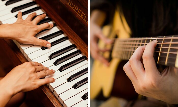 Hands playing piano keys and guitar strings, representing a choice between public speaking or deep water dilemmas.