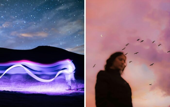 Abstract night landscape with light trails under starry sky and a woman at sunset with birds flying, highlighting public speaking dilemmas.