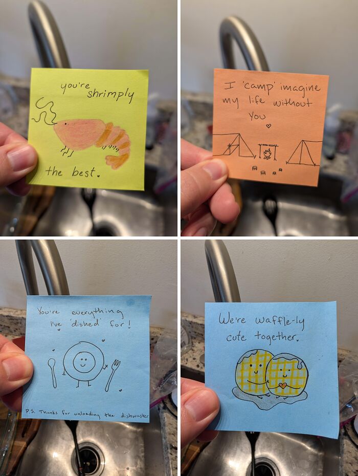 Four heartwarming photos of sticky notes with cute food and camping puns to make your whole day feel a little lighter.