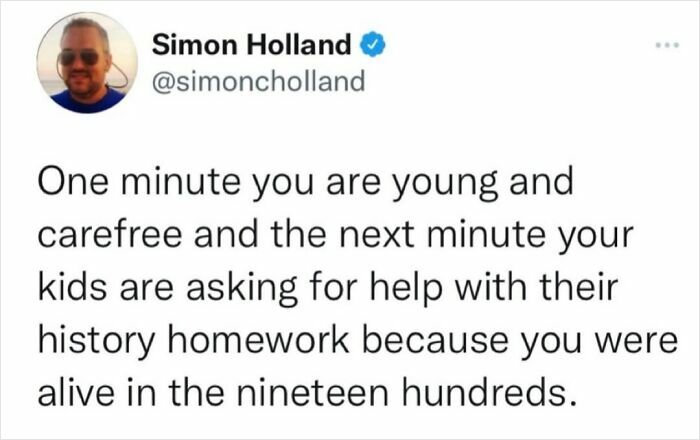 Tweet meme about parents feeling old when helping kids with history homework, part of hilarious and relatable memes for parents