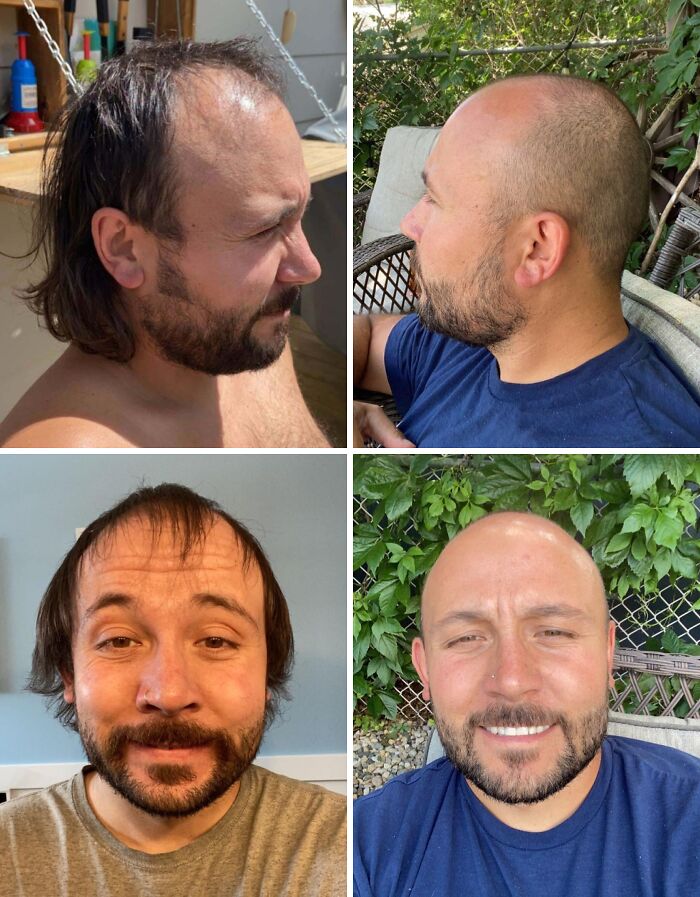 Before and after images showing bold hair transformation as a leap of faith leading to confident life decisions.