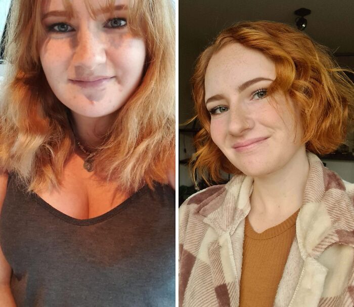 Before and after photos of a woman showcasing confident leaps of faith and positive life decisions.