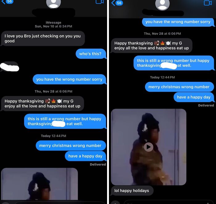 Screenshot of funny wrong number text exchange with holiday greetings and a humorous video message.