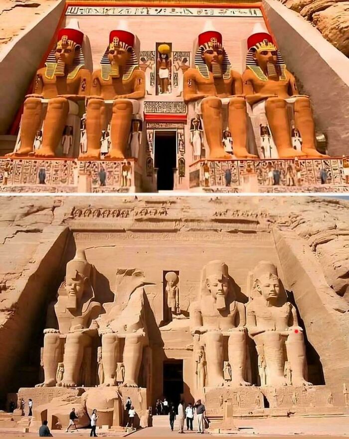 Ancient Egypt statues at Abu Simbel temple showcasing incredible historical carvings and architecture with visitors nearby.