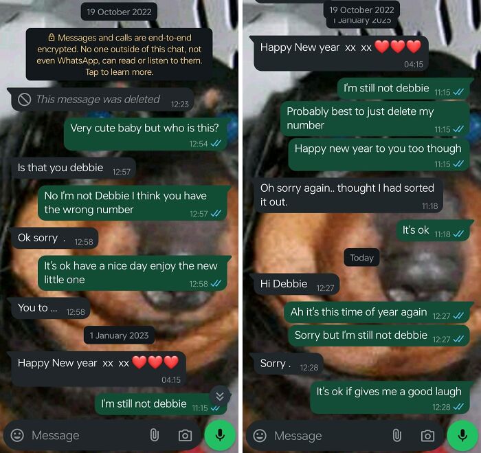WhatsApp wrong number text conversation with funny and cringe messages about mistaken identity and New Year wishes.