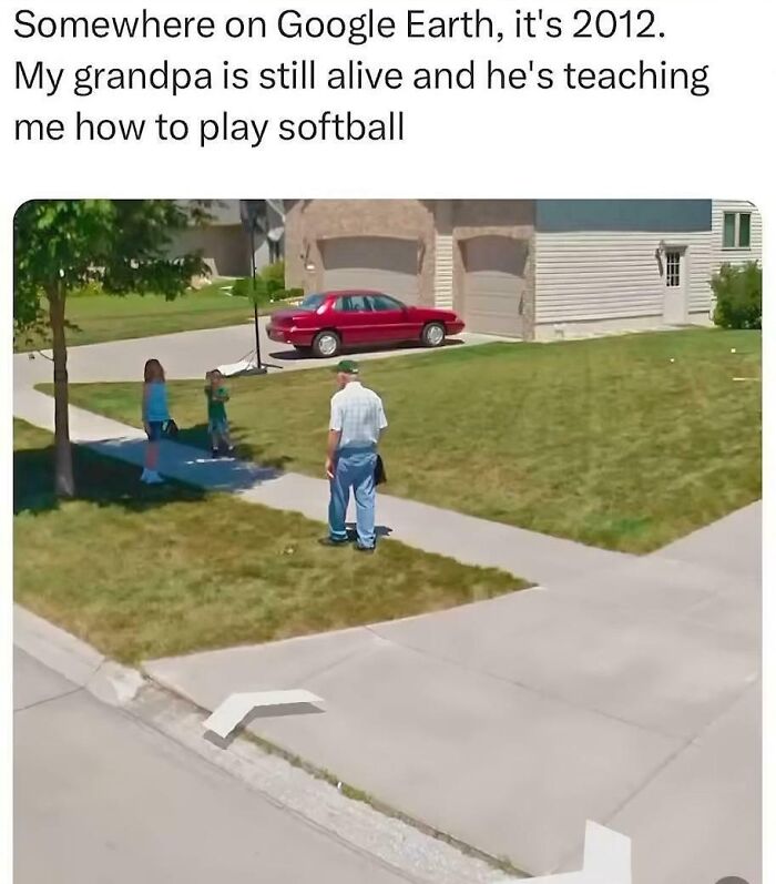 Grandpa teaching kids to play softball outside a suburban home in a heartwarming photo that makes your day feel lighter.