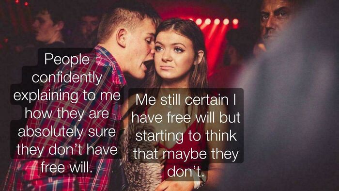 Young man whispering to a woman at a party, illustrating intellectual philosophy memes about free will debate.