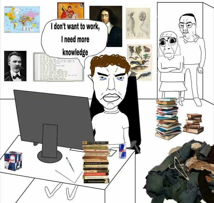 Cartoon of a frustrated person at desk with philosophy books, maps, and intellectual-philosophy-memes about needing more knowledge.