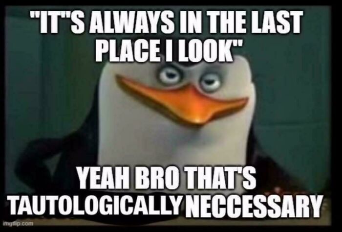 Penguin meme with intellectual philosophy memes caption about tautological necessity in a humorous context.