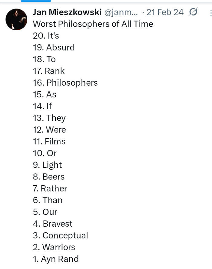 Tweet listing worst philosophers in a humorous ranked style, fitting intellectual philosophy memes about philosophy critiques.