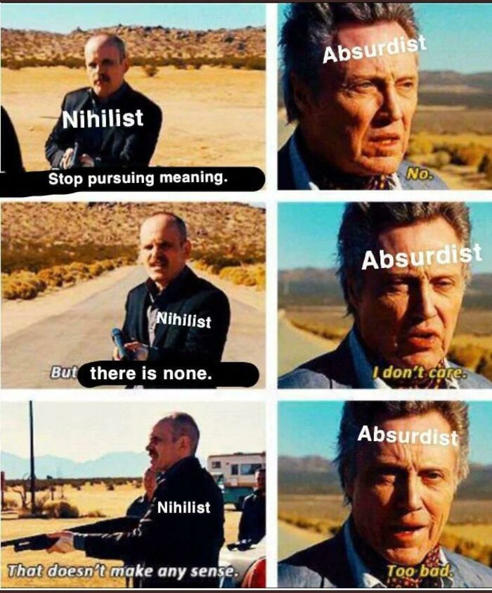 Nihilist and Absurdist debating meaning in a desert setting, highlighting intellectual philosophy memes humor and contrast.