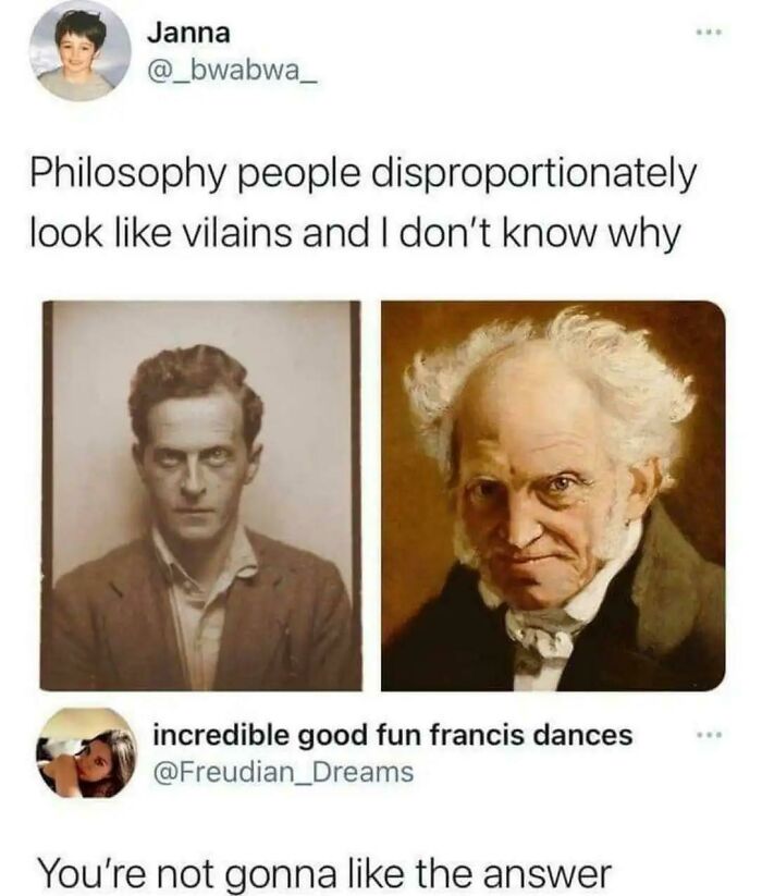 Tweet about philosophy people looking like villains with vintage photos, highlighting an intellectual philosophy memes joke.