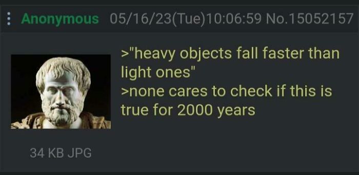 Ancient philosopher bust with text about misconception that heavy objects fall faster, featured in intelectual philosophy memes.