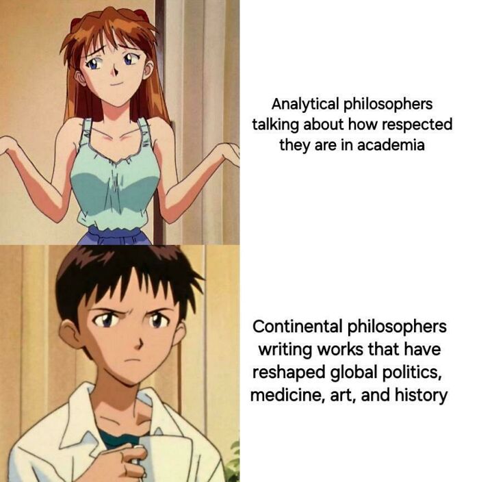 Anime characters contrasting analytical and continental philosophers with intellectual philosophy memes about academia and impact.